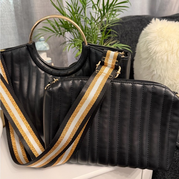 ALDO Black Quilted Set of 2 Shoulder Bag with Gold Details - Picture 1 of 16